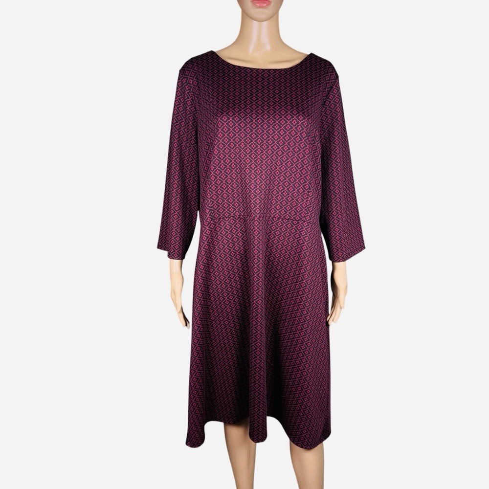 New Talbots Geometric Print 3/4 Sleeve Burgundy Dress Size XL